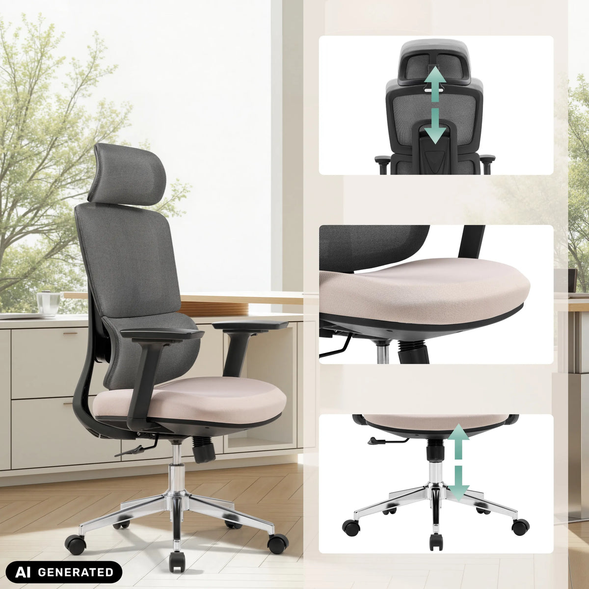 Professional Office Chair Ergomy Pro in dark grey and beige with adjustment options by hjh OFFICE (AI-generated image)