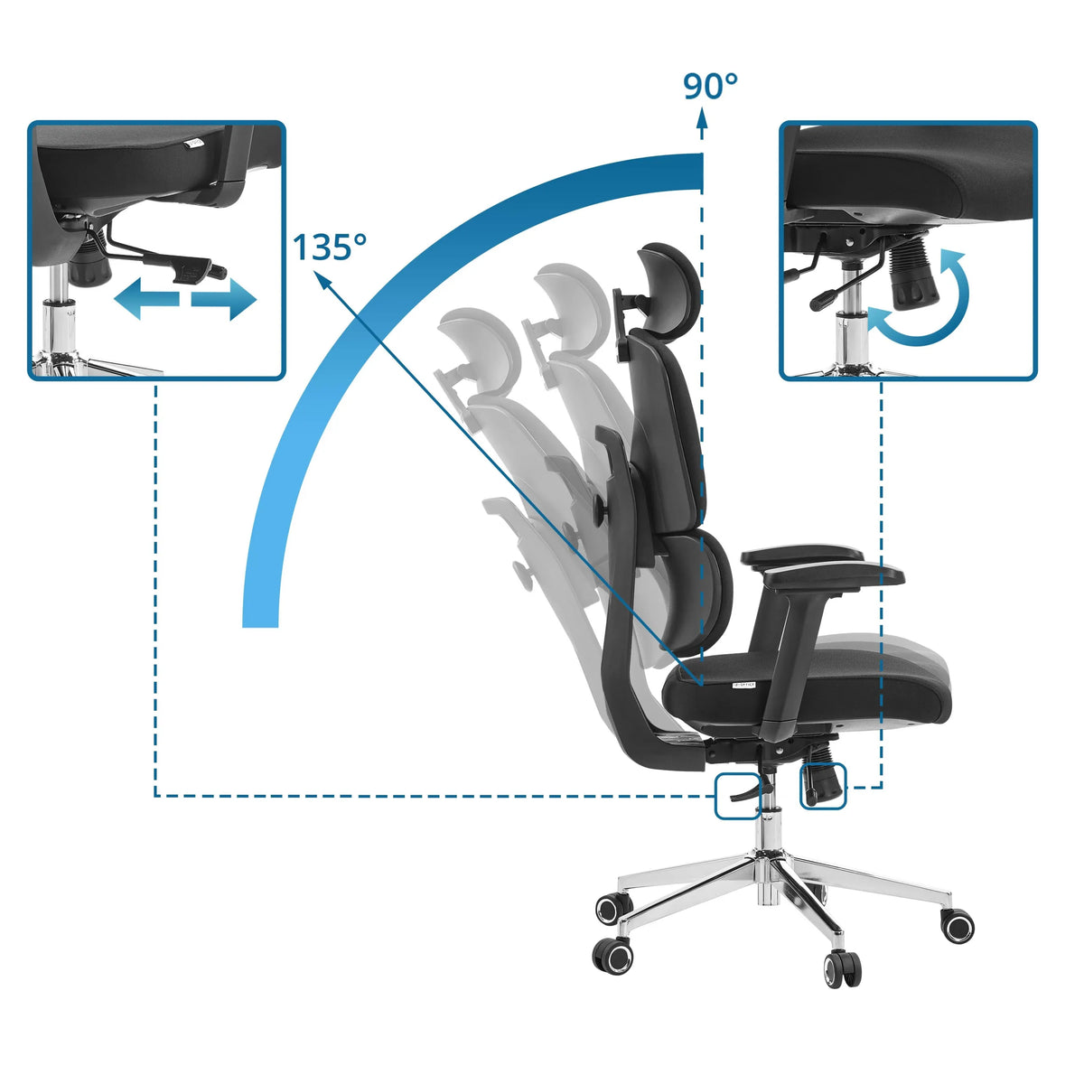 Adjustable backrest of the Professional Office Chair Ergomy F 2 with an incline from 90 to 135 degrees by hjh OFFICE