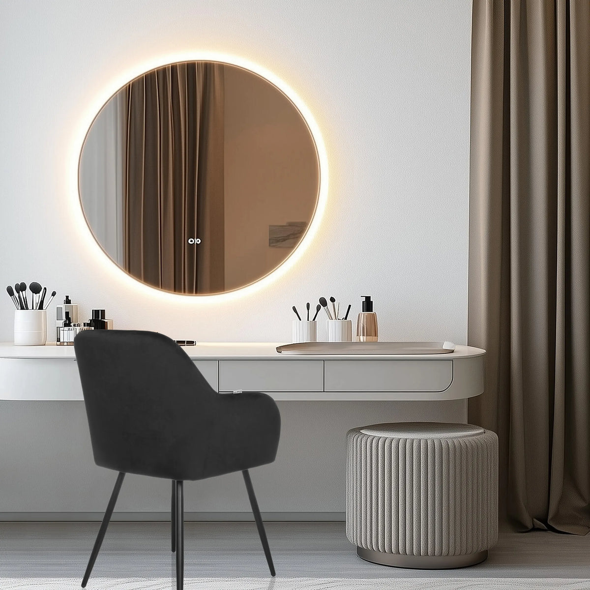 Black dining chair CHARVELLE in front of a white dressing table with a round mirror and a stool by hjh LIVING