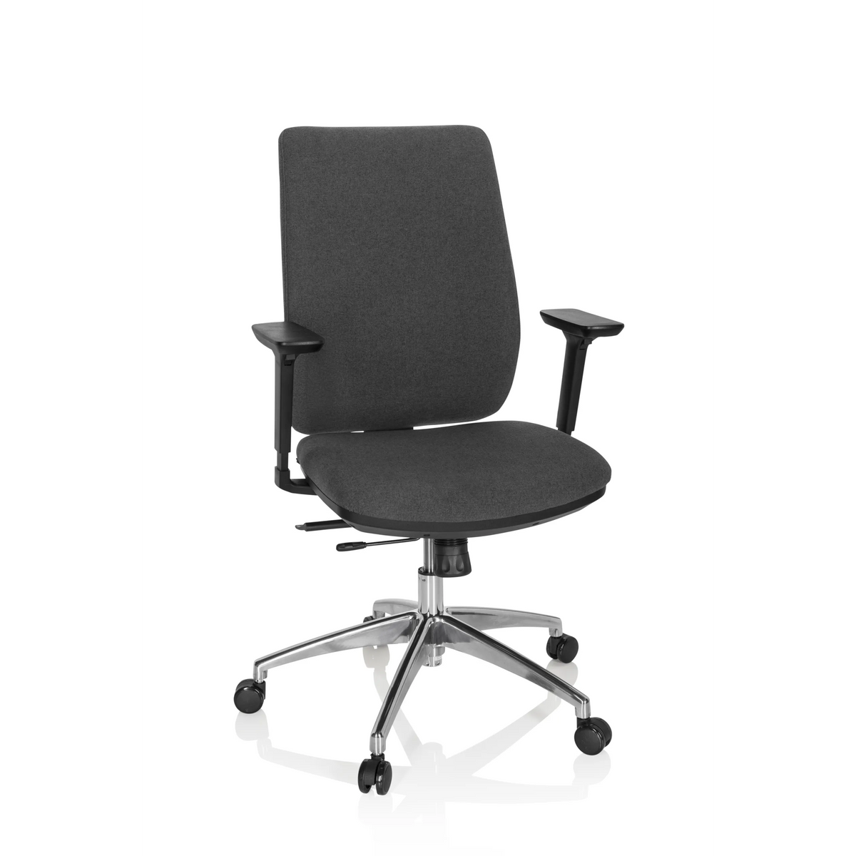 Dark grey Professional Office Chair INTEGRIO I with armrests and five-caster base by hjh OFFICE – 360-degree view (front view 20°)