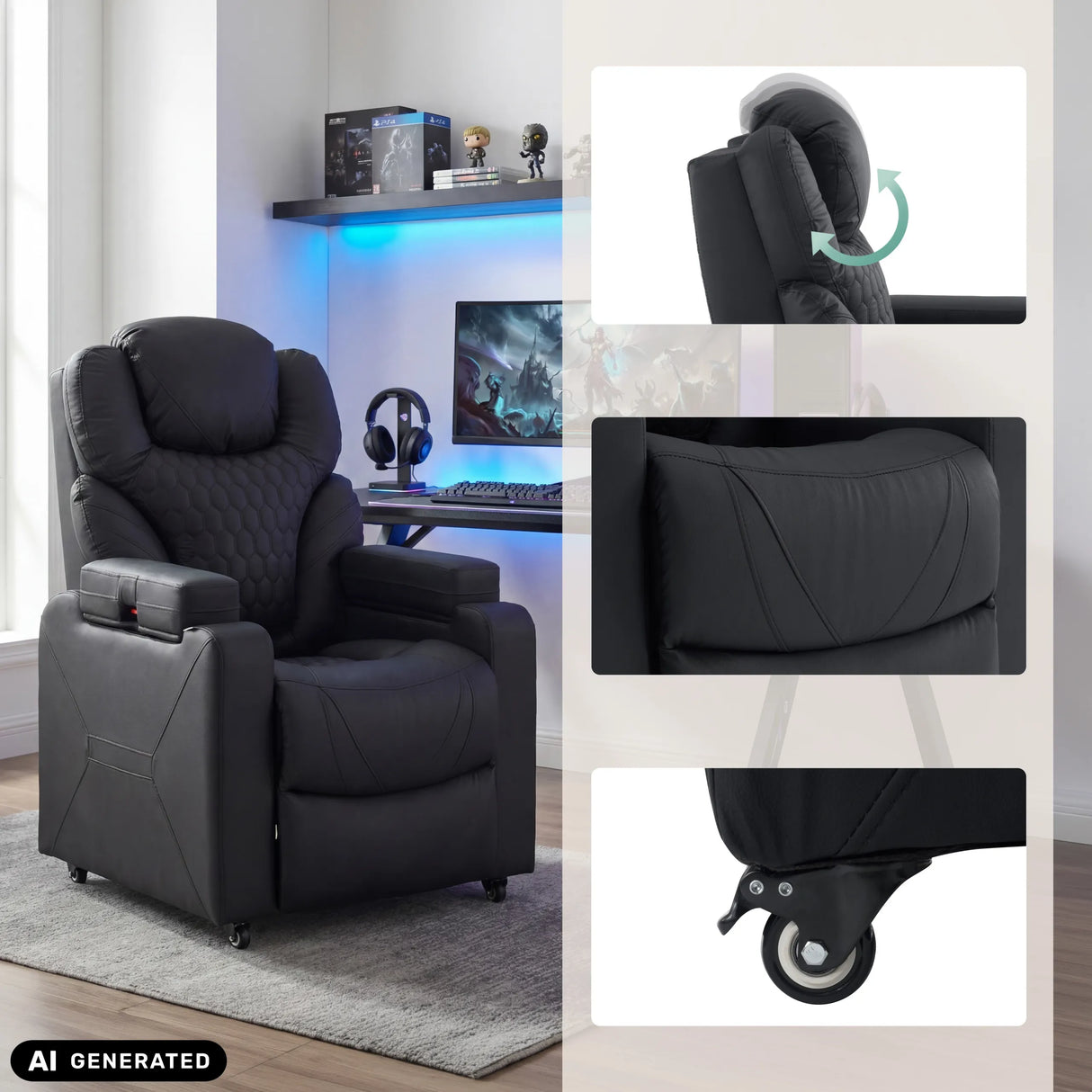 Black Game Sport RX lounge chair with detailed views of the headrest and castors by hjh OFFICE (AI-generated image)