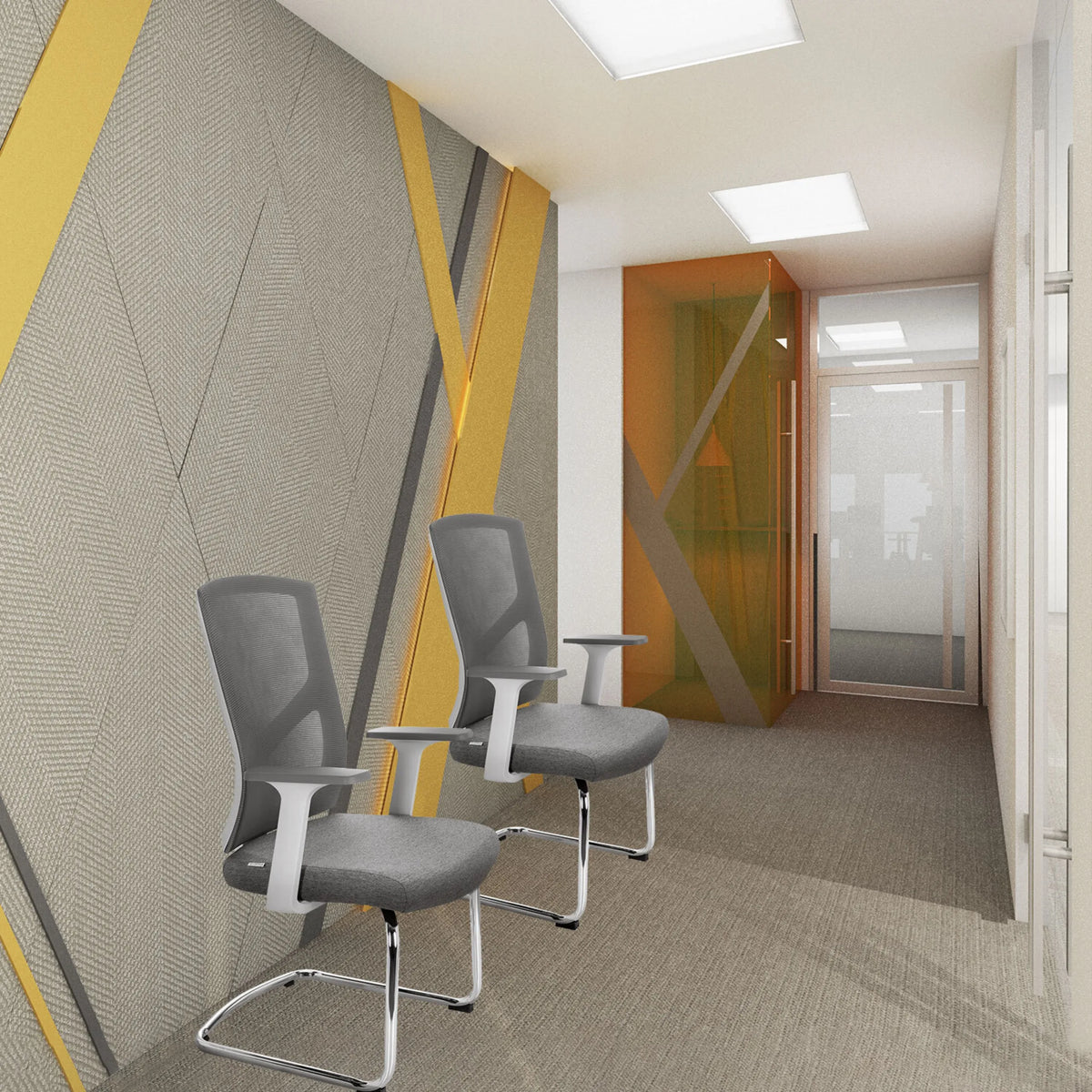 Two grey BRETON V W cantilever chairs with armrests in a modern hallway by hjh OFFICE