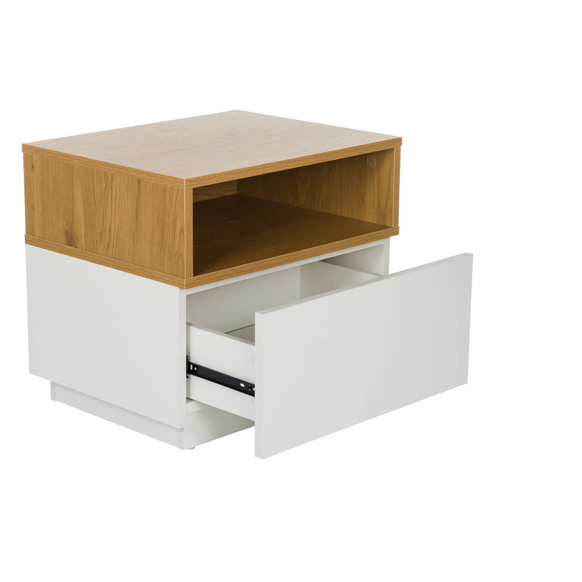 Open drawer of the MELMO side table in white and oak by hjh LIVING