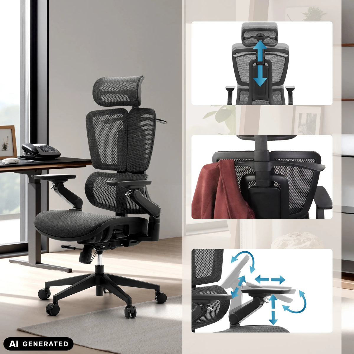 Adjustable headrest and armrests of the Ergo U2 Pro3 Professional Office Chair in black by hjh OFFICE (AI-generated image)