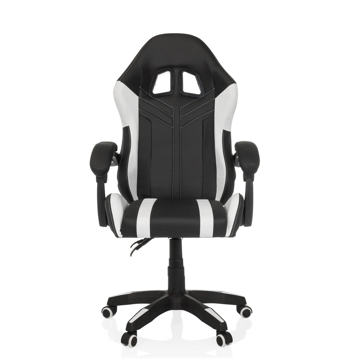 Black and white Gaming chair GAMEBREAKER W02 with a five-caster base by MyBuero – 360-degree view (front view 0°)