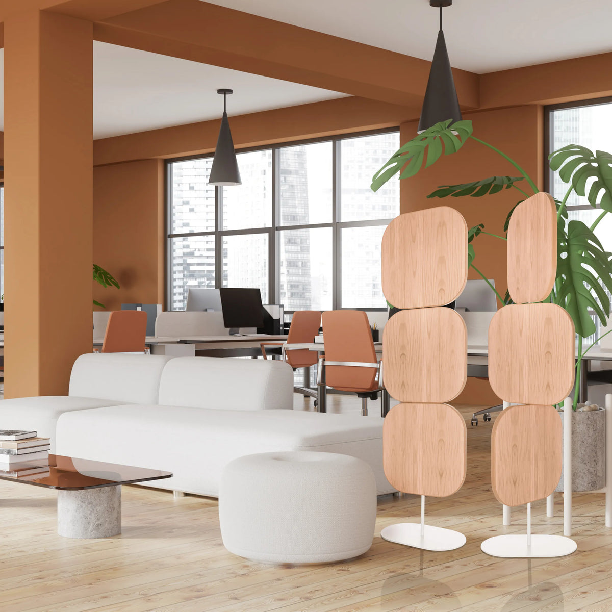 Beige FLEXMIUT W partition walls in wood look with rounded elements on white feet by hjh OFFICE