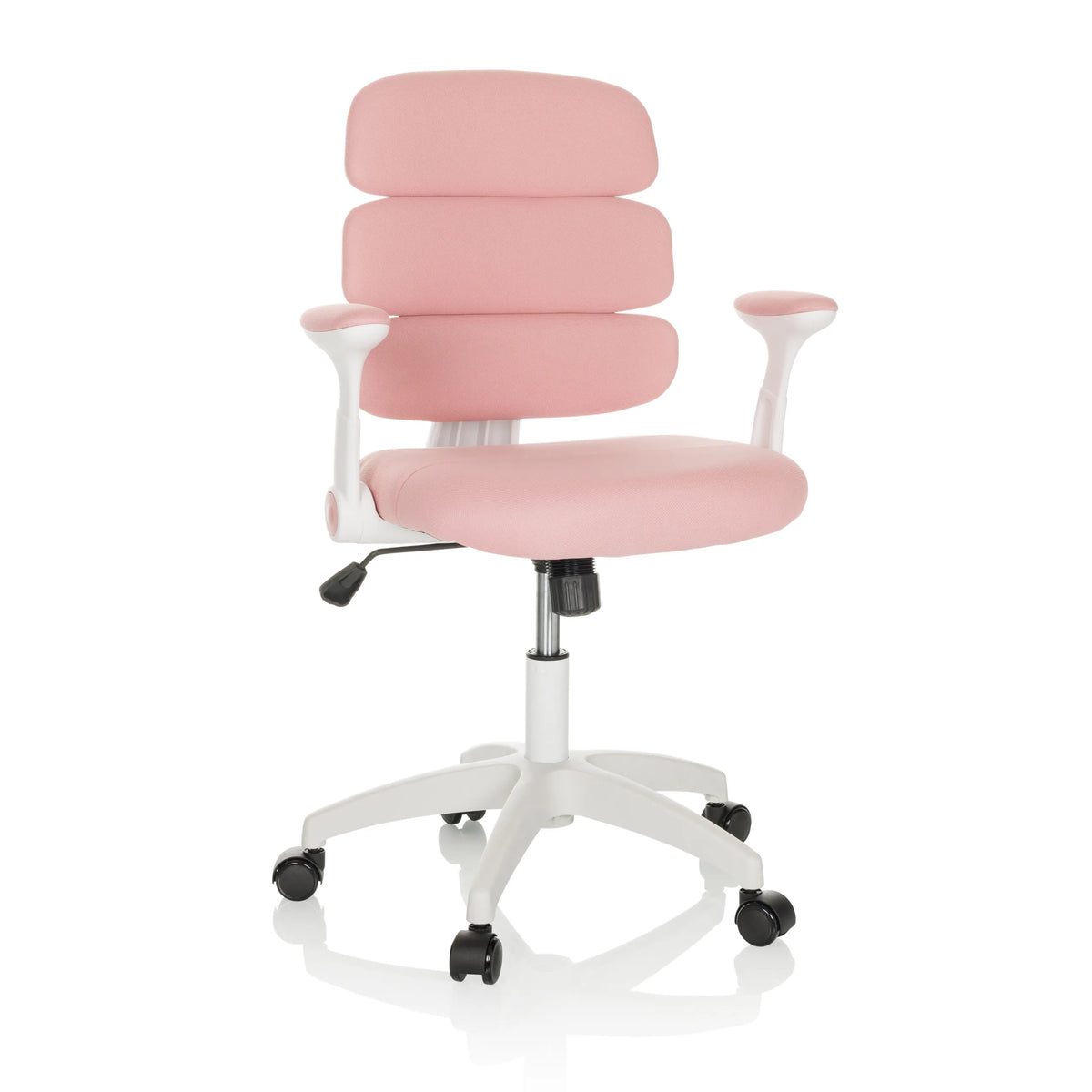 Pink Swivel Chair – Children KID ERGOLINO W with segmented backrest and white five-caster base by hjh OFFICE – 360-degree view (front view 15°)
