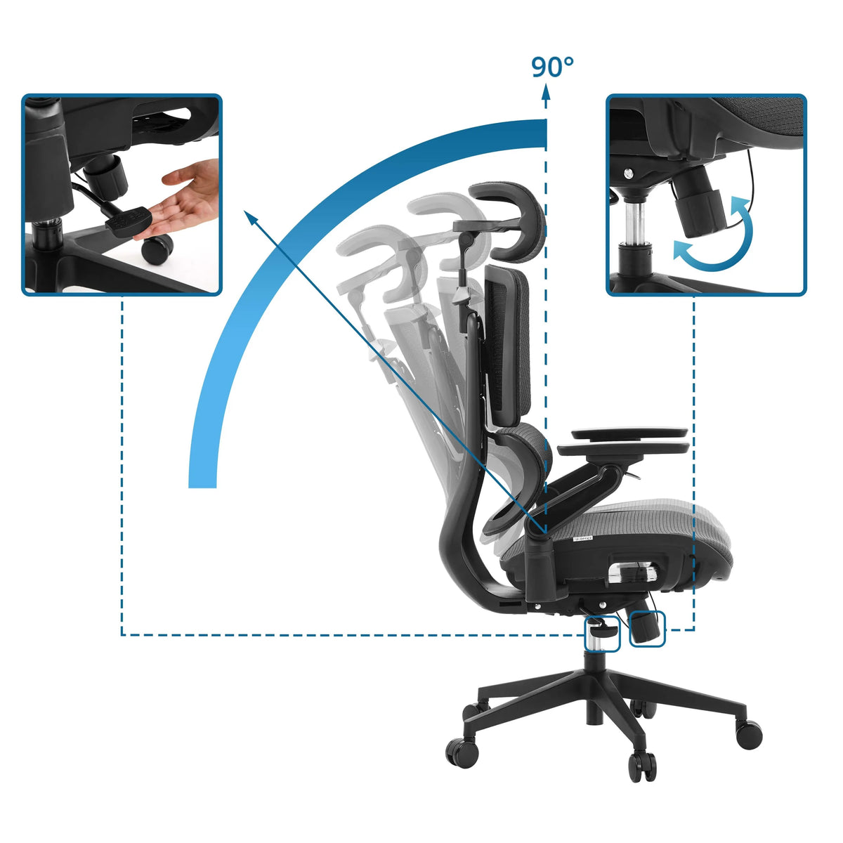 Recline adjustment of the Professional Office Chair Ergo U2 Pro3 backrest up to 90 degrees by hjh OFFICE