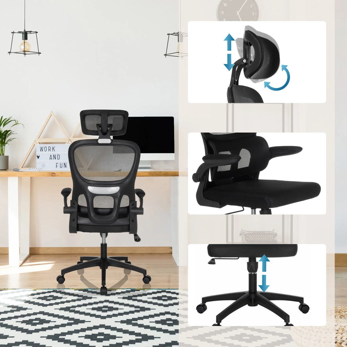 Home Office Chair ERGOMY FLEX in black with adjustable headrest, armrests and gas spring by MyBuero