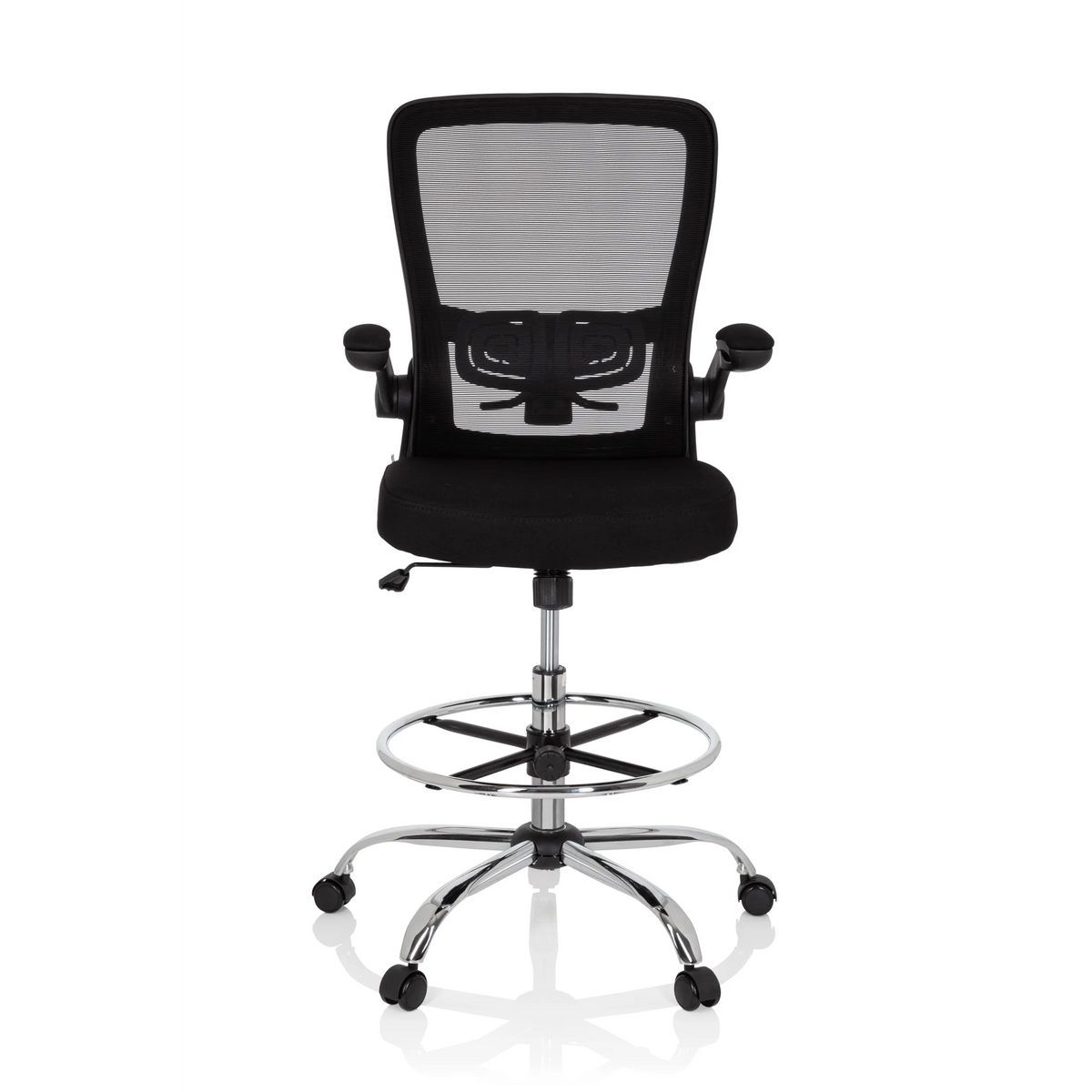 Black Counter chair VENDO WORK with mesh back, foot ring and five-caster base by hjh OFFICE – 360-degree view (front view 0°)