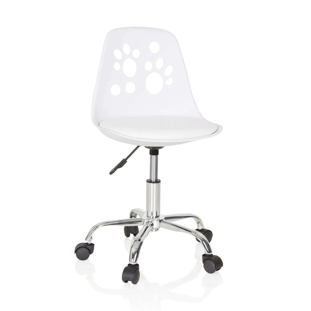 White Swivel Chair – Children FANCY I with paw print design and five-caster base by hjh OFFICE – 360-degree view (front view 20°)