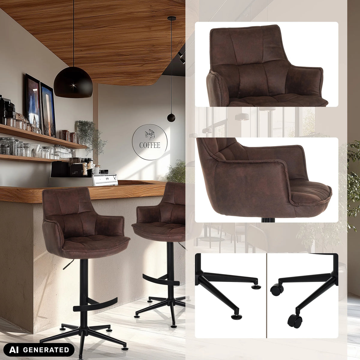 Brown SOLAO LIFE HIGH bar stool with star base and optional castors by hjh LIVING (AI-generated image)