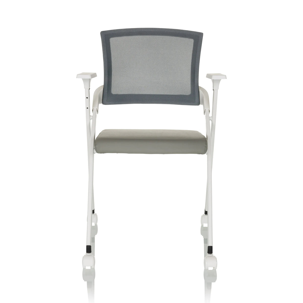 Grey Folding chair PRIORITY II W PU with mesh back, armrests and castors by hjh OFFICE – 360-degree view (front view 0°)