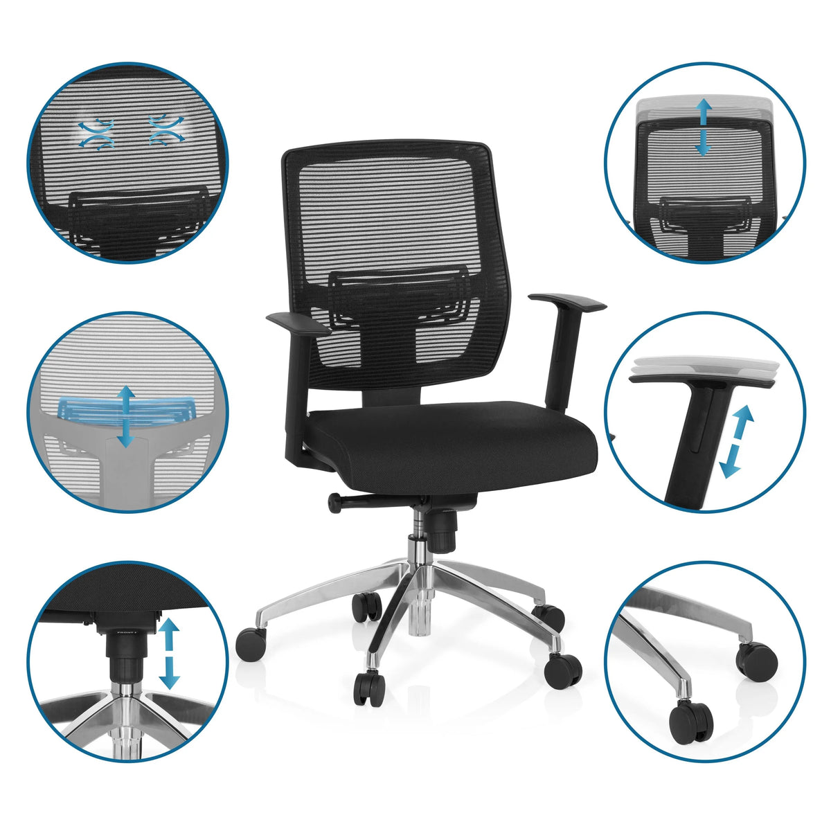 Adjustable features of the Professional Office Chair NET 90 with mesh back and castors by hjh OFFICE
