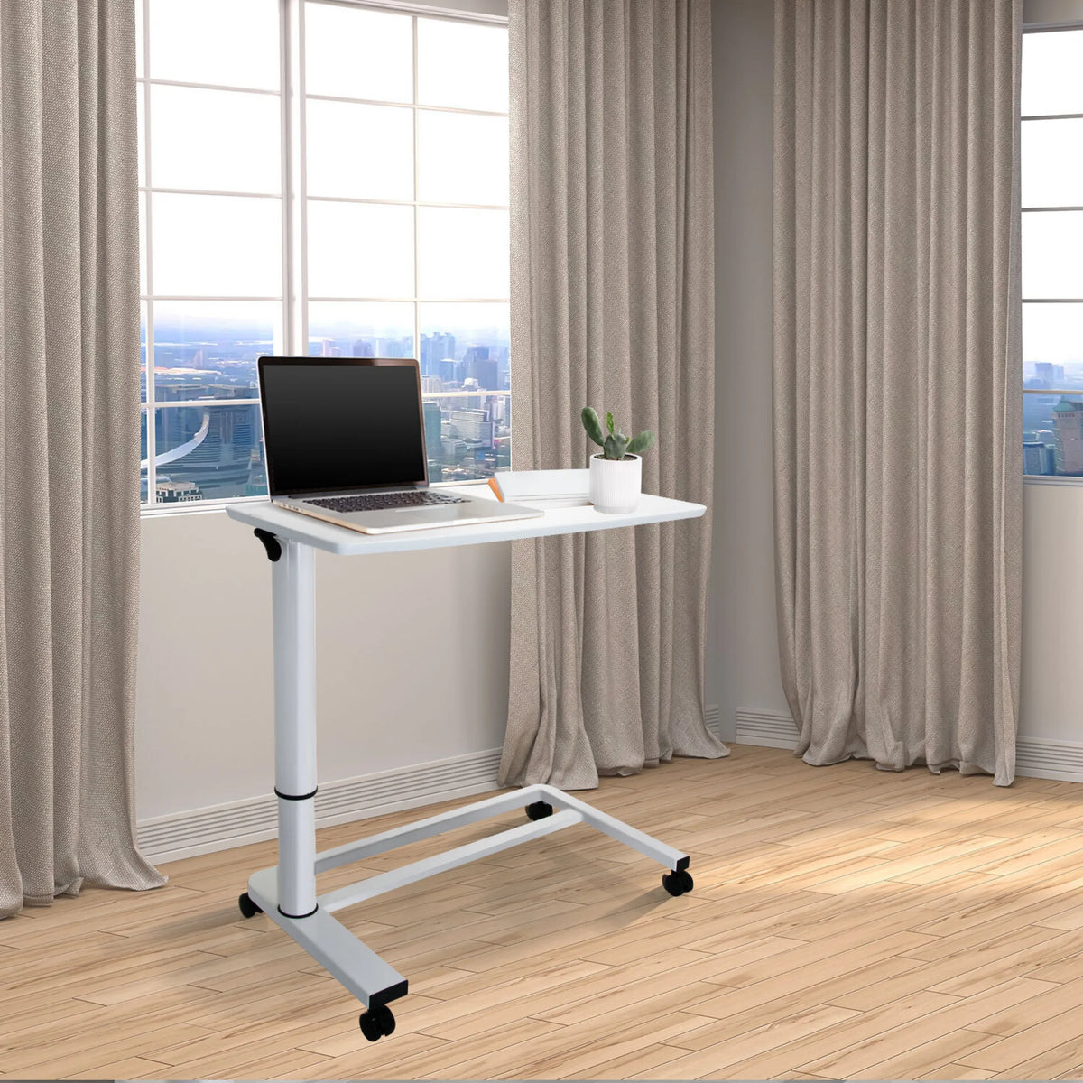 White Standing desk STAND II with castors and laptop on a light wooden floor by hjh OFFICE