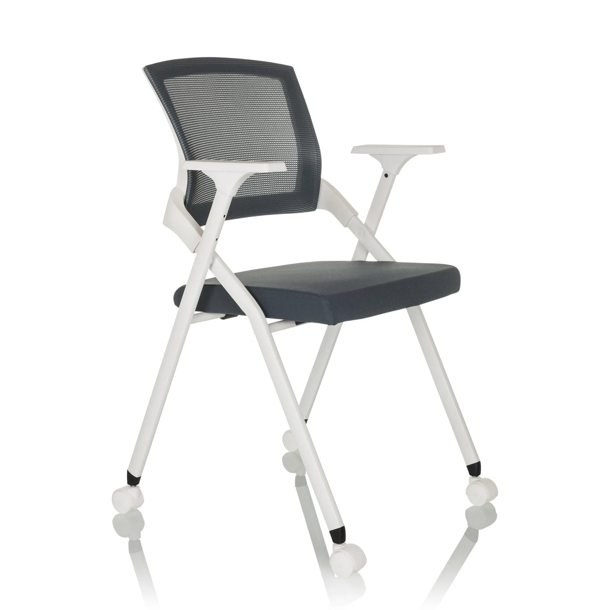 Grey Folding chair PRIORITY II W with mesh back, armrests and castors by hjh OFFICE – 360-degree view (front three-quarter view 45°)