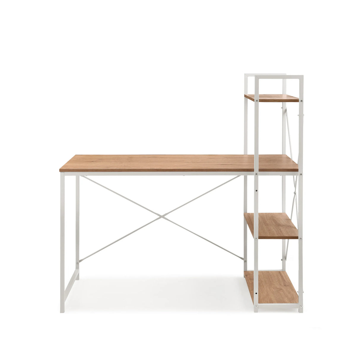Easy Up3 Office Desk in white and oak with integrated shelving and X-braces by hjh LIVING – 360-degree view (front view 0°)