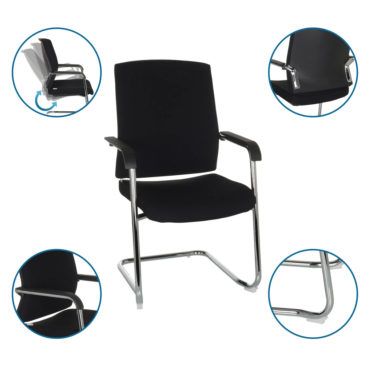 Black cantilever chair LEVIA VP with armrests and chrome frame including detail views by hjh OFFICE