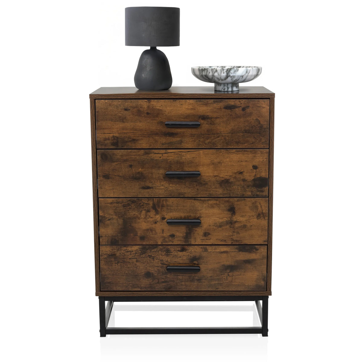 VINSTRA chest of drawers in brown with four drawers, black handles and a black metal frame by hjh LIVING