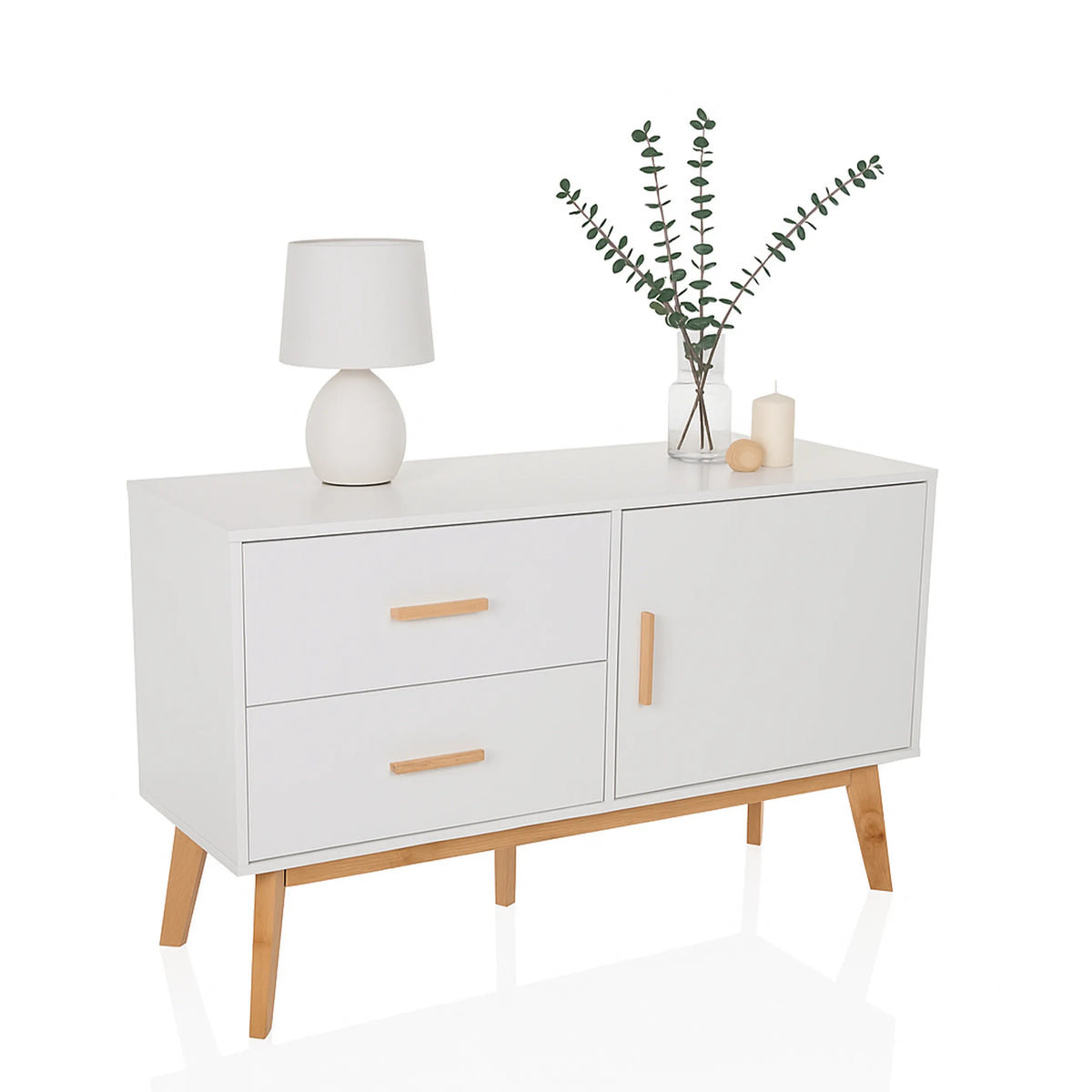 White Sideboard TAROLO with two drawers, one door and light wood legs by hjh LIVING