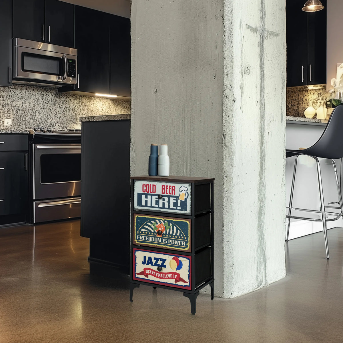 Chest of drawers AMERIKO S with three drawers and retro motifs on the front by hjh LIVING