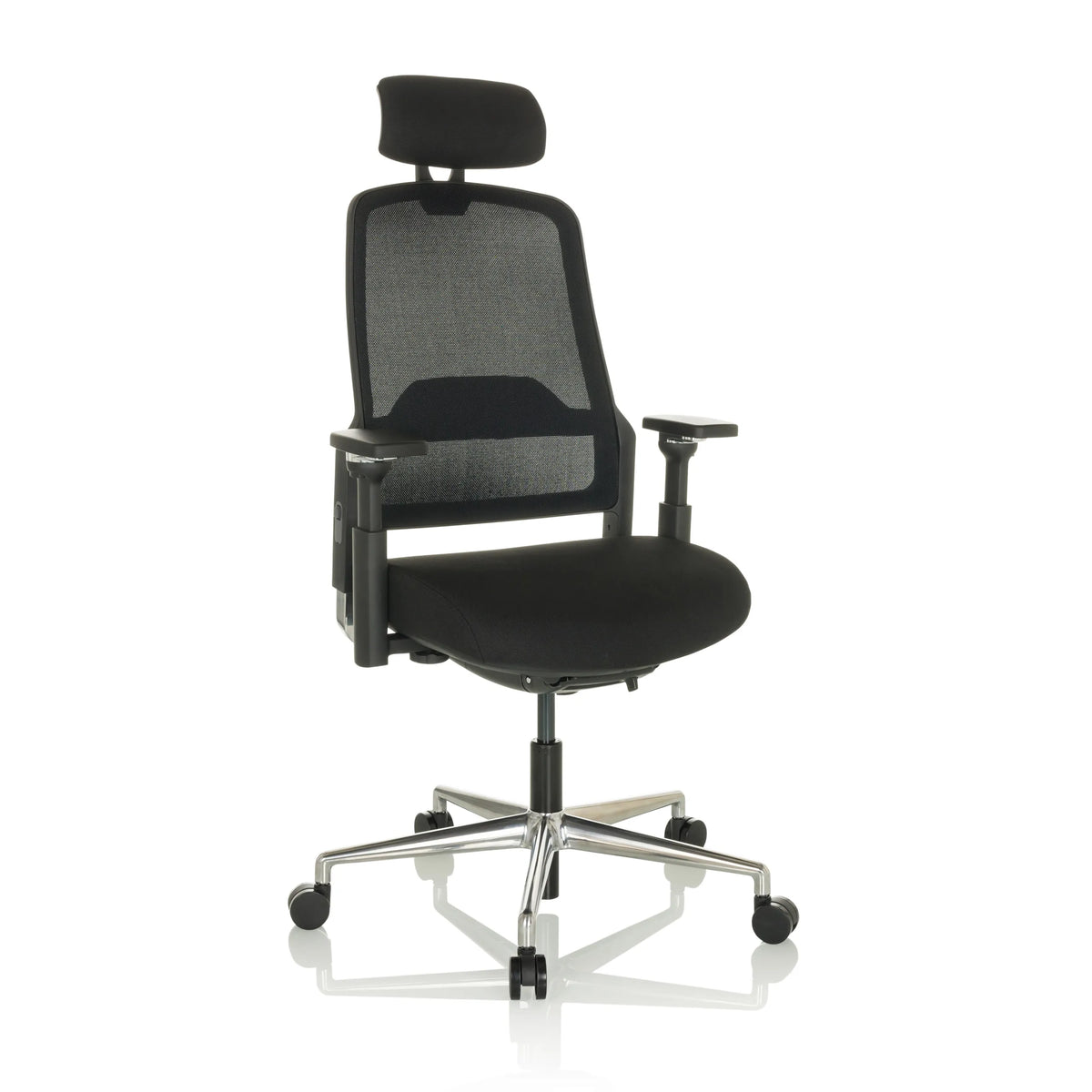 Black Professional Office Chair TERARO AX with mesh back, headrest and five-caster base by hjh OFFICE – 360-degree view (front three-quarter view 30°)