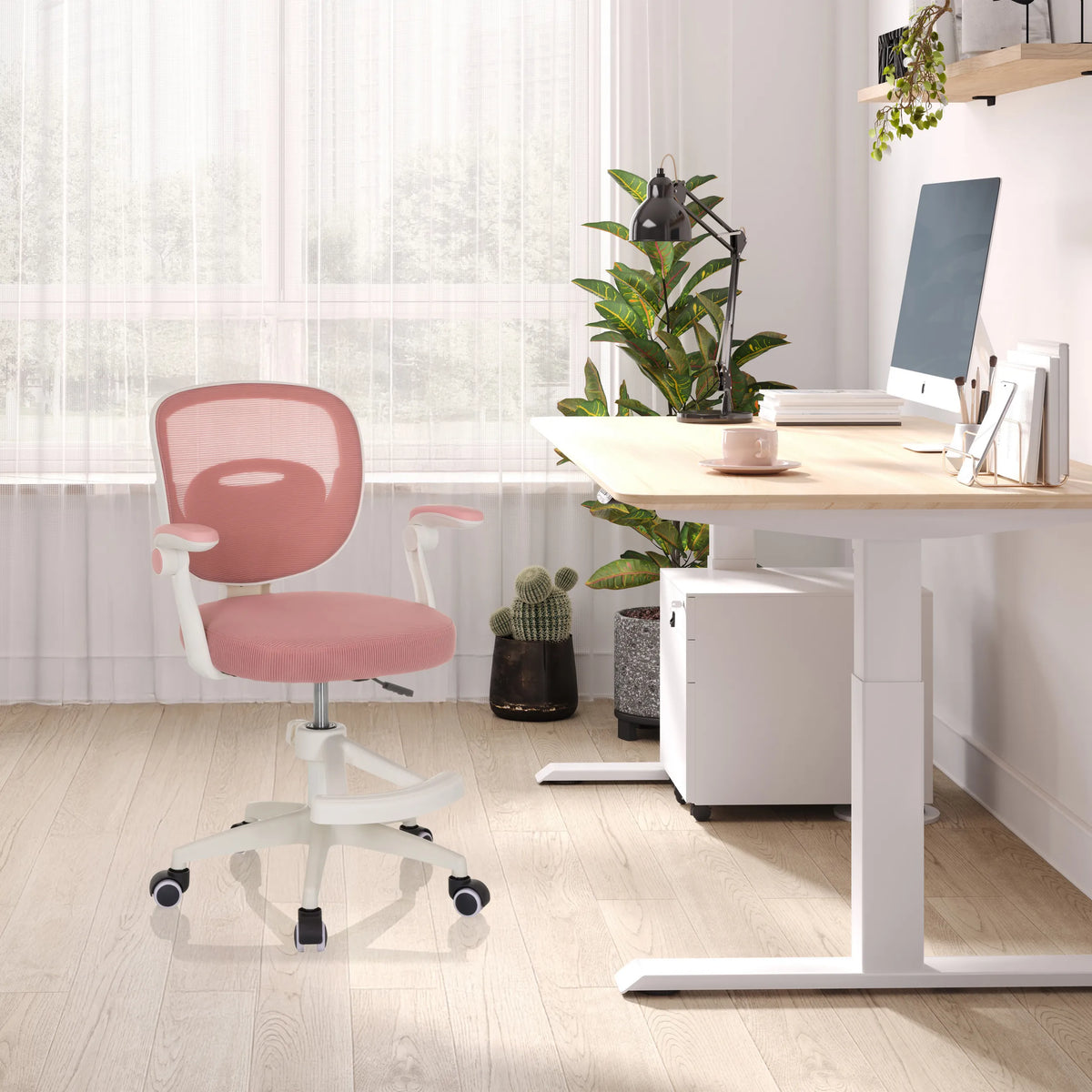 Pink Swivel Chair – Children KIDDY SMART with mesh backrest and white armrests by hjh OFFICE