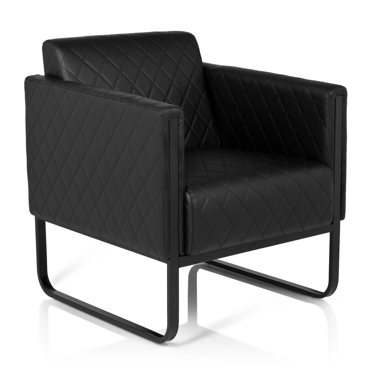 Black upholstered armchair ARUBA BLACK with diamond stitching and sled base by hjh OFFICE – 360-degree view (front three-quarter view 40°)