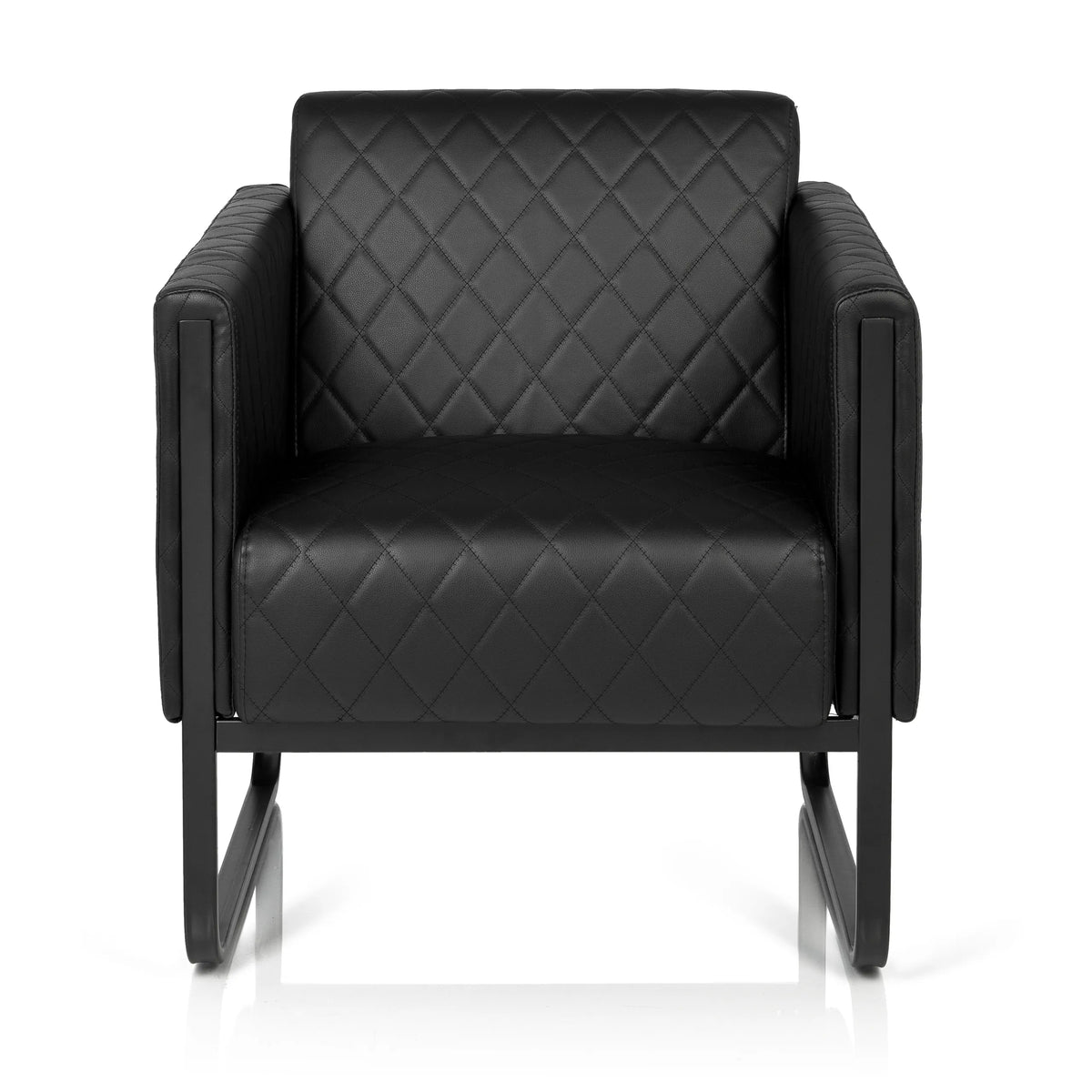 Black upholstered armchair ARUBA BLACK with diamond stitching and sled base by hjh OFFICE – 360-degree view (front view 0°)