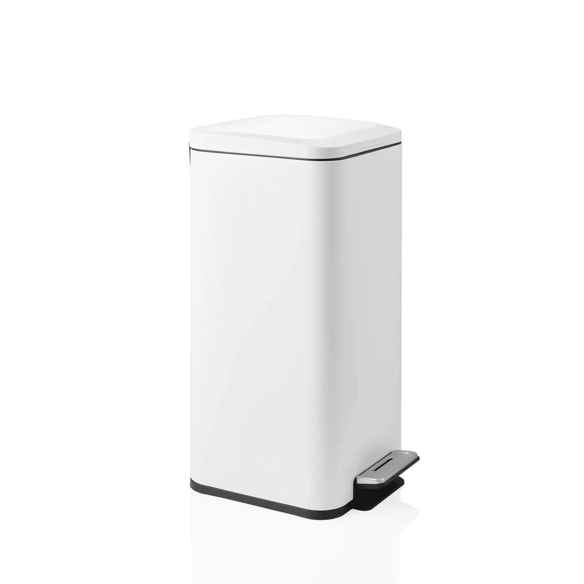 White wastepaper Clean Square with a silver-coloured foot pedal by hjh OFFICE – 360-degree view (front three-quarter view 60°)