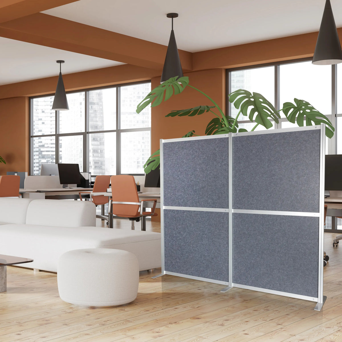 Grey partition wall FLEXMIUT MODUL with silver aluminium frame in a modern office by hjh OFFICE