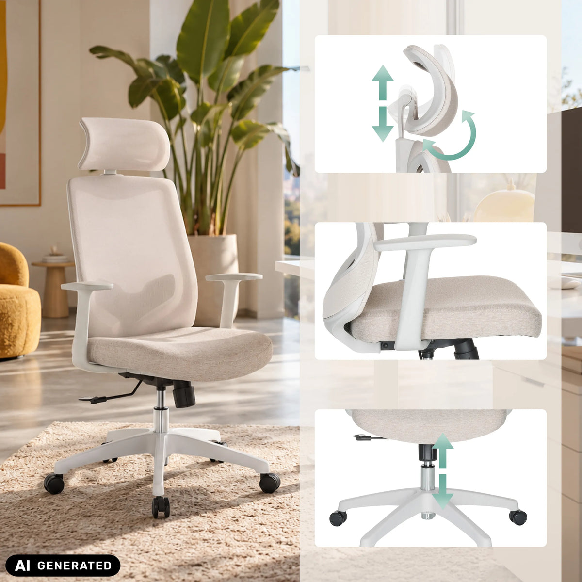 Home Office Chair MIKEO W in beige with adjustable headrest and armrests by hjh OFFICE