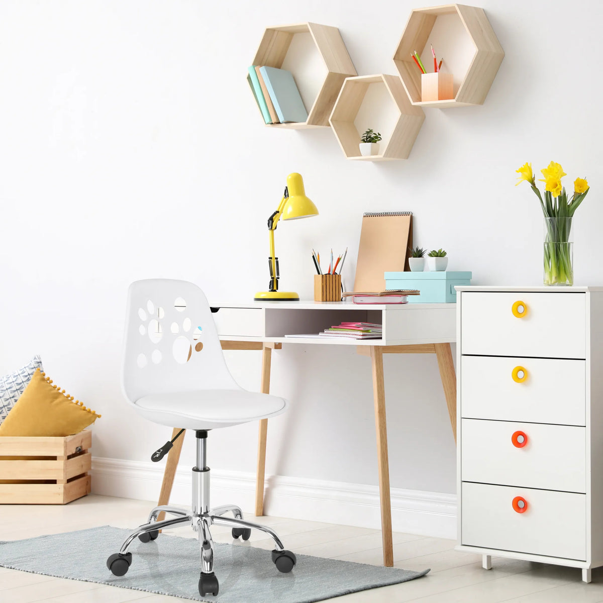 White Swivel Chair – Children FANCY I with castors at a desk by hjh OFFICE