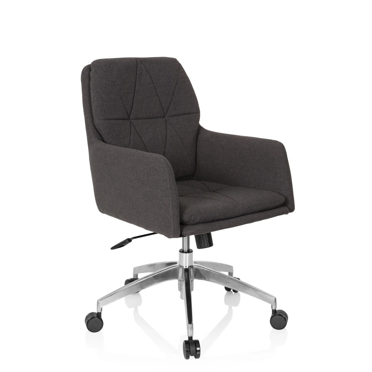 Dark grey Home Office Chair SHAKE 350 with quilted pattern and five-caster base by hjh OFFICE – 360-degree view (front three-quarter view 40°)