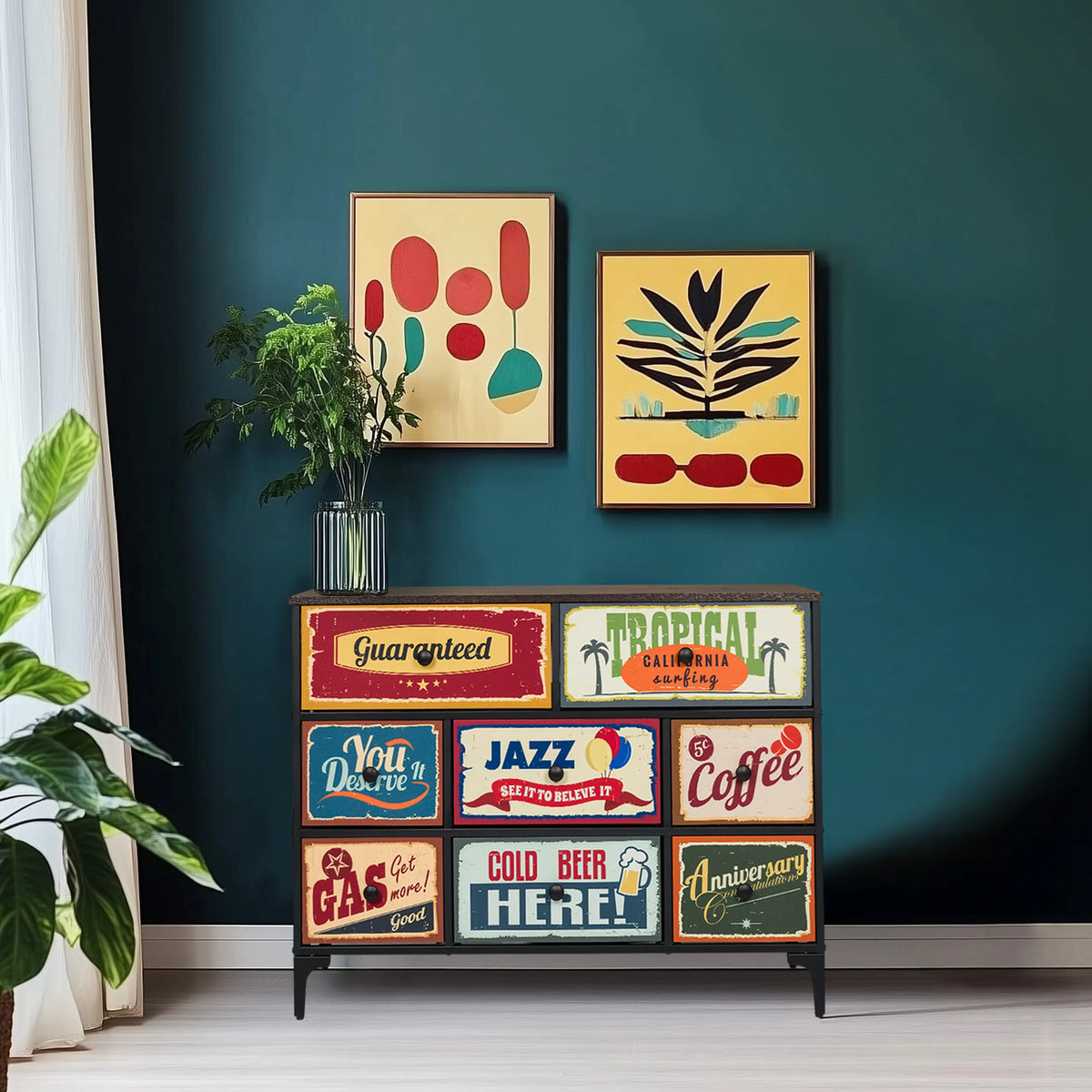 Chest of drawers AMERIKO B with colourful retro motifs on the drawer fronts by hjh LIVING