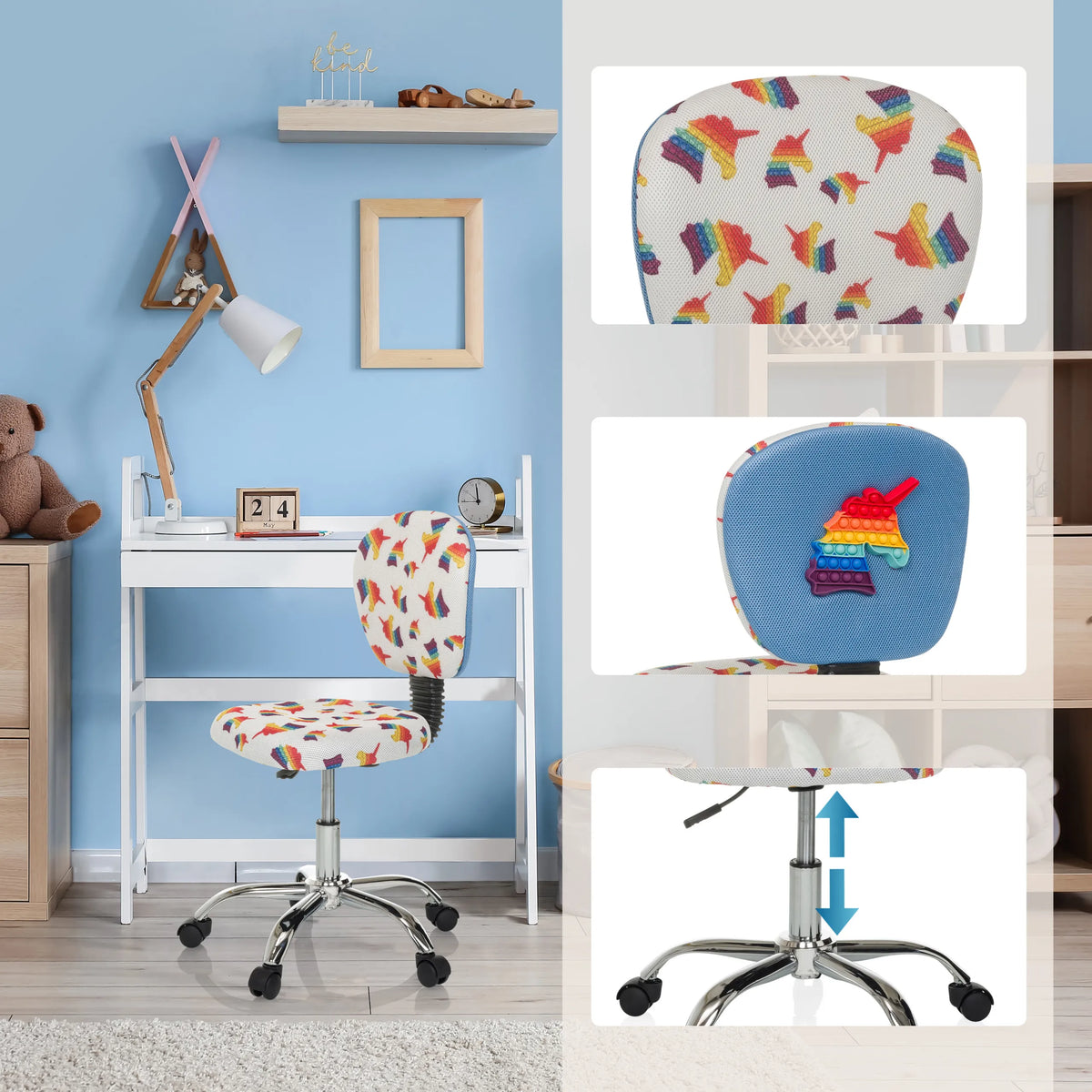 Children's swivel chair KID BUBBLE with rainbow motif, pop-it toy on the backrest and height-adjustable base by hjh OFFICE