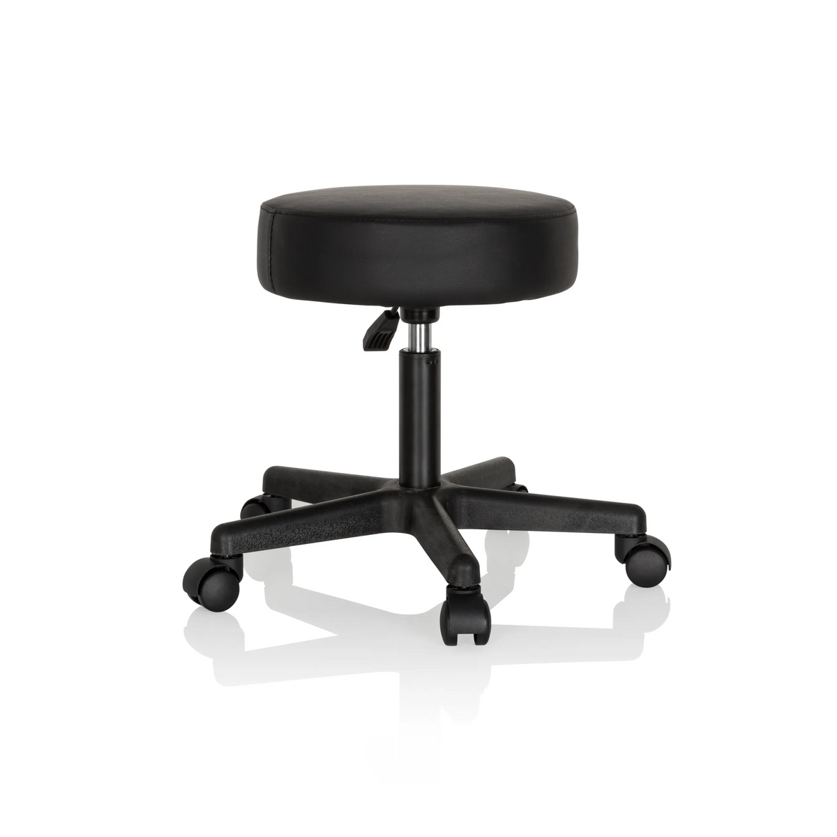 Black Swivel stool OPERATOR I with padded seat and five-caster base by hjh OFFICE – 360-degree view (rear three-quarter view 120°)