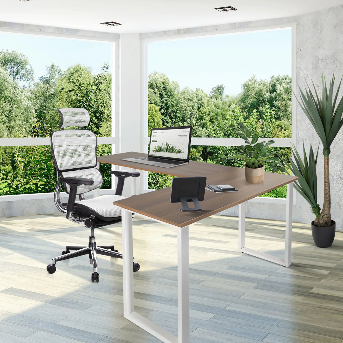 Corner desk WORKSPACE BASIC I in walnut and white with white base by hjh OFFICE