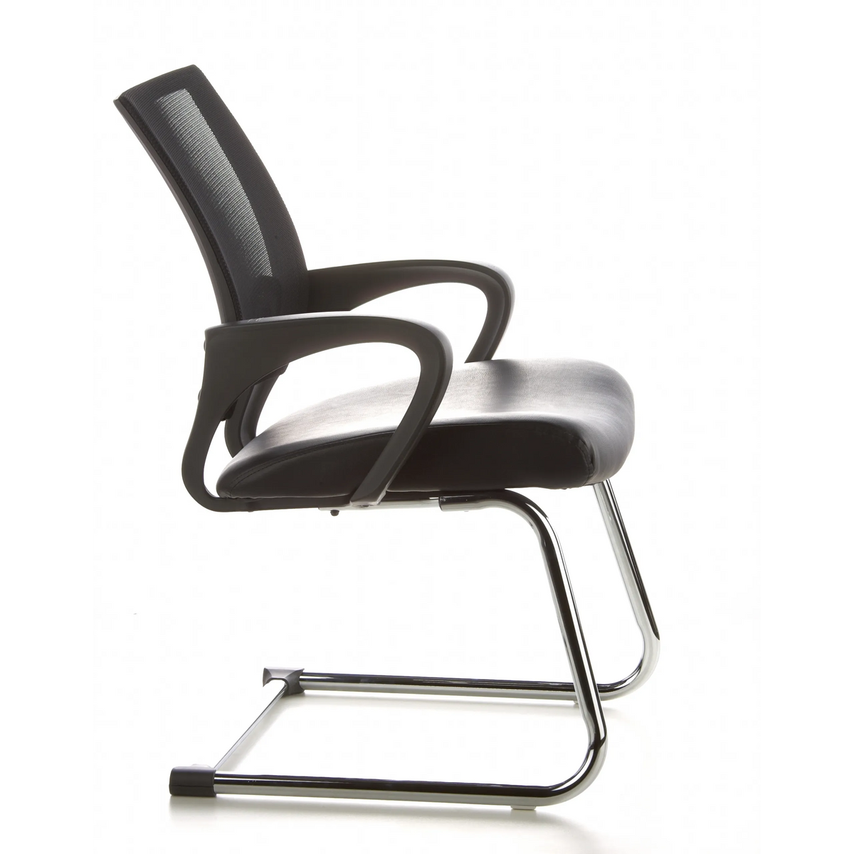 Black Cantilever chair VISTO NET V with mesh back, padded seat and armrests by hjh OFFICE – 360-degree view (side profile 80°)