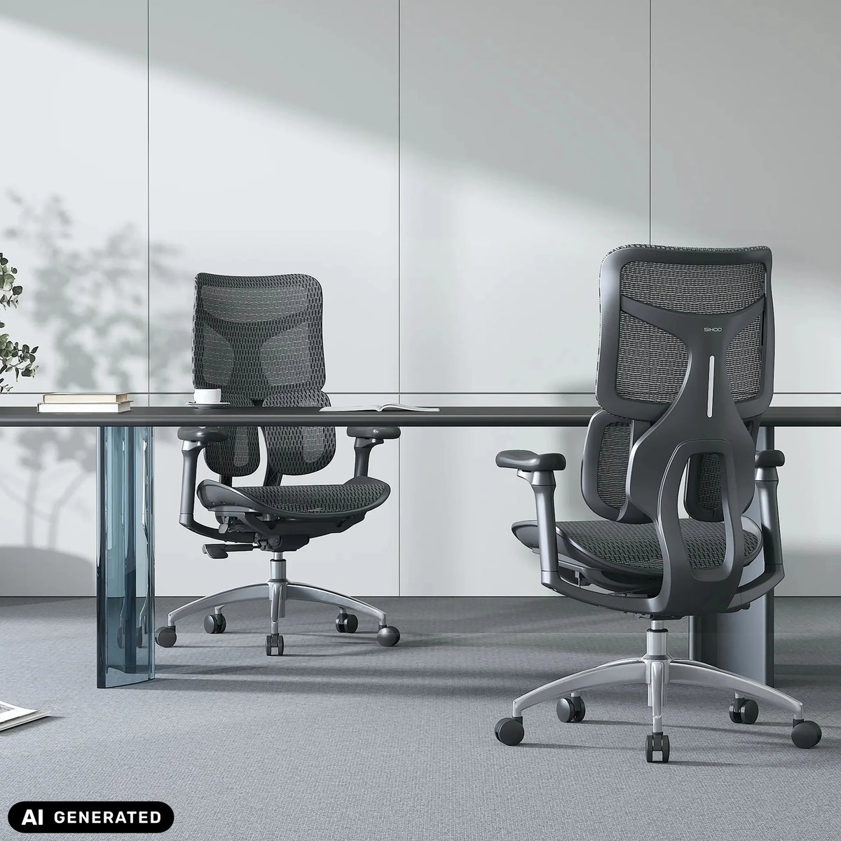 Two black S100-M301 professional office chairs with mesh backrests at a desk by Sihoo (AI-generated image)