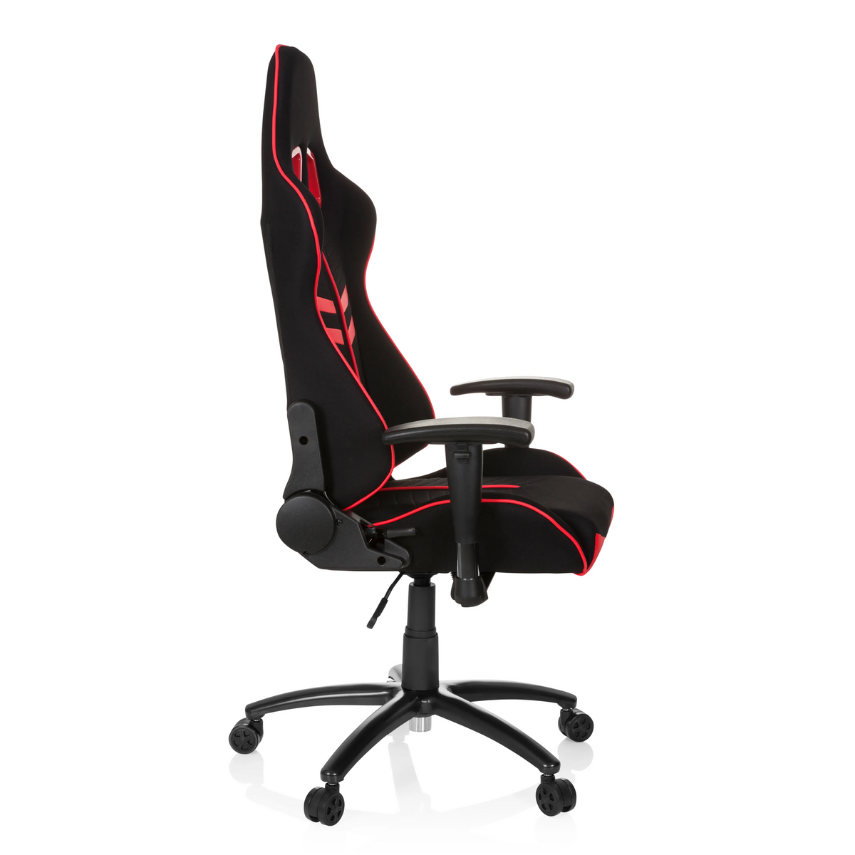 Black and red Gaming chair LEAGUE PRO I with two headrest openings and five-caster base by hjh OFFICE – 360-degree view (side profile 80°)