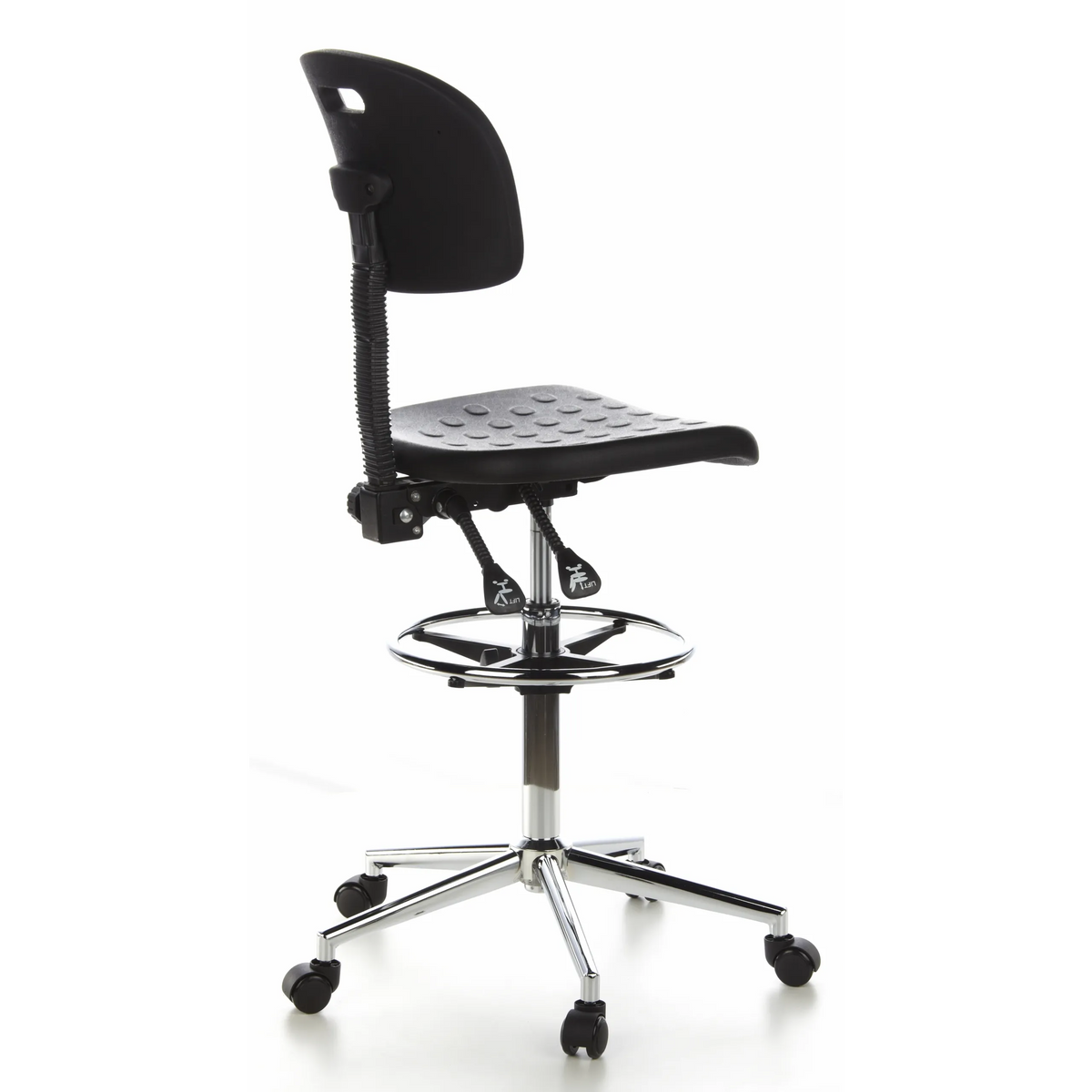Black Counter chair TOP WORK 23 with foot ring and five-caster base by hjh OFFICE – 360-degree view (rear three-quarter view 120°)
