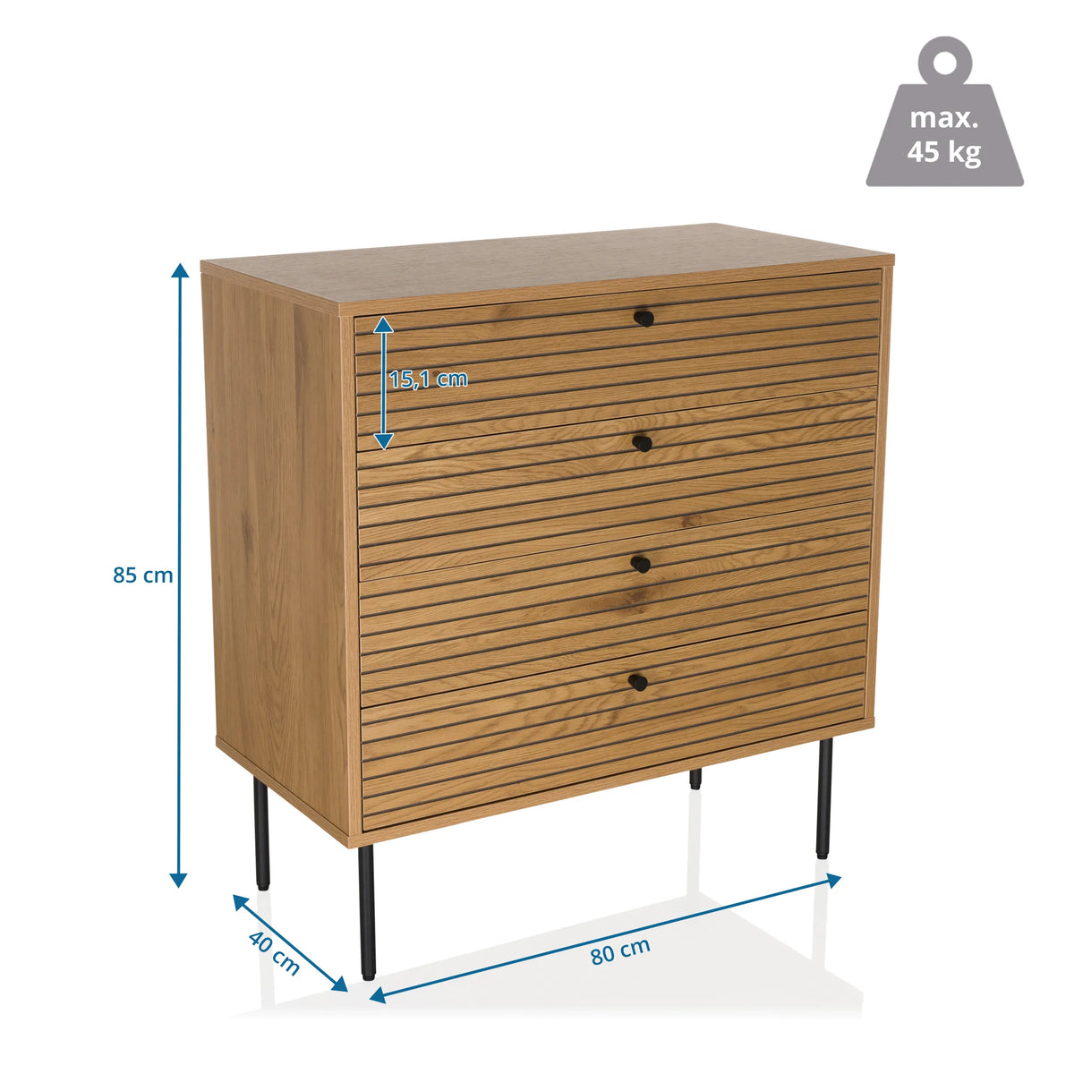 Dimensional drawing of the Chest of drawers LINNO K, 80 x 40 cm and a height of 85 cm by hjh LIVING