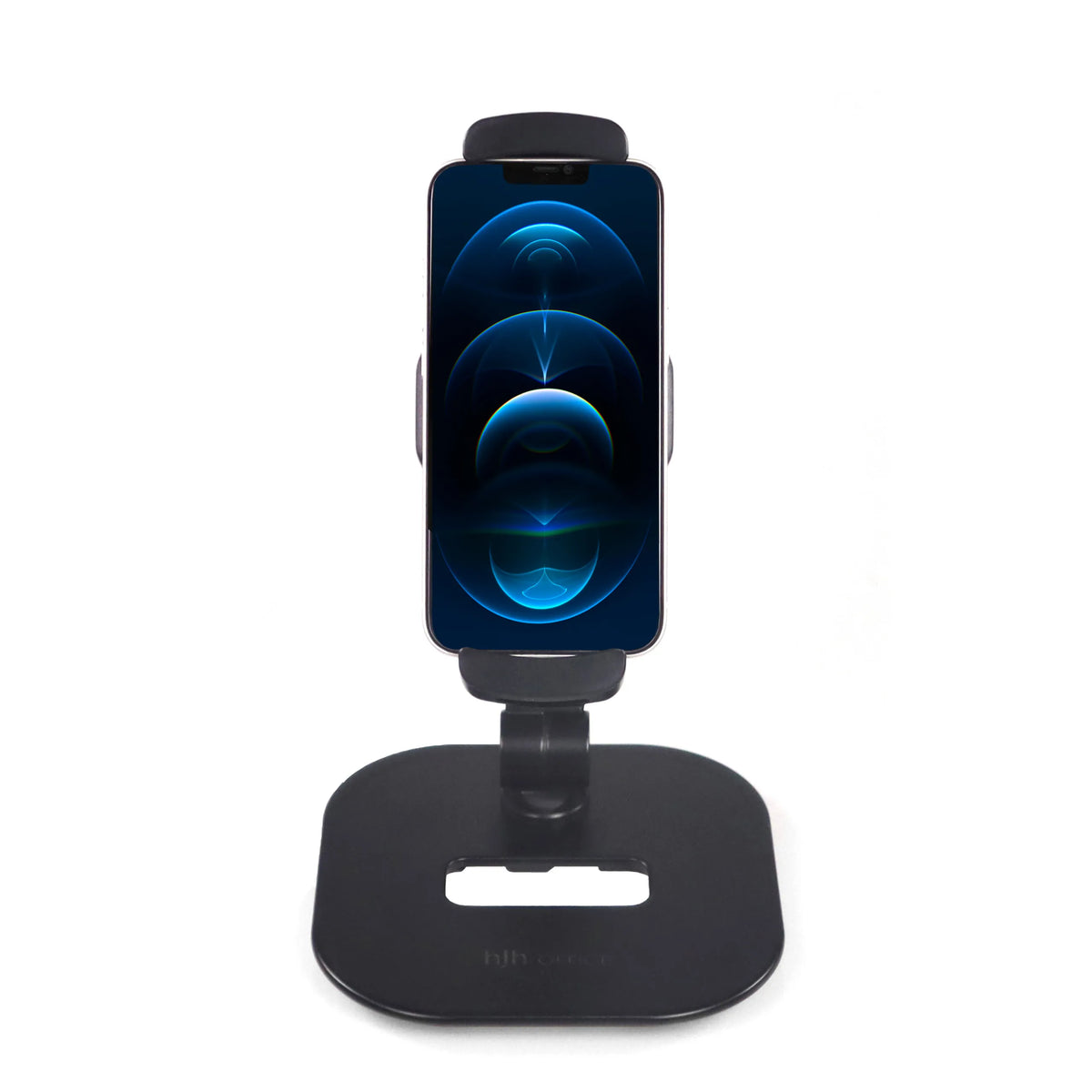 Black Mobile phone & tablet holder FLEXMOBI IV with stand and holding clamp by hjh OFFICE – 360-degree view (front view 0°)