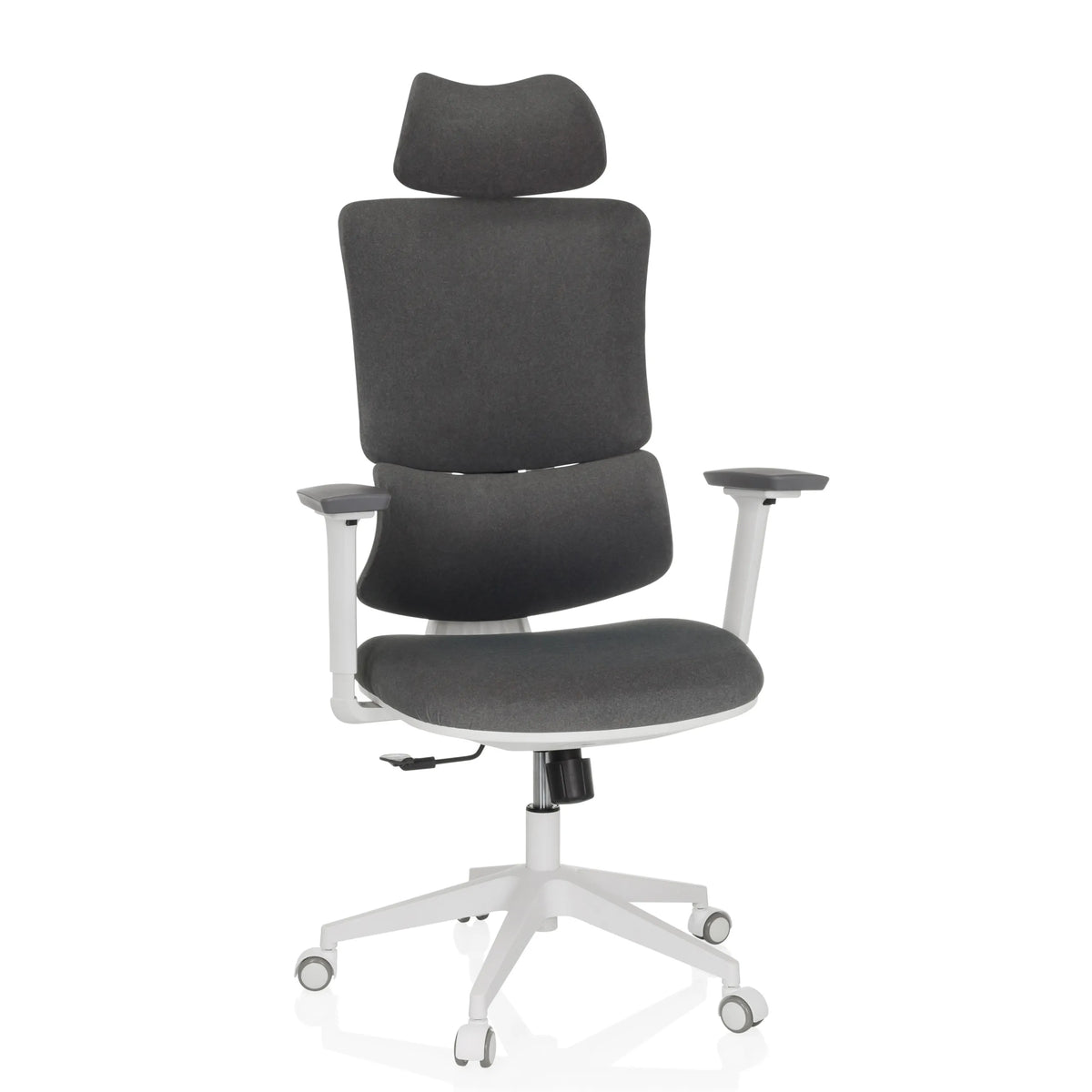 Grey Home Office Chair ERGOMY WF with fabric upholstery, white frame and five-caster base by MyBuero – 360-degree view (front view 15°)