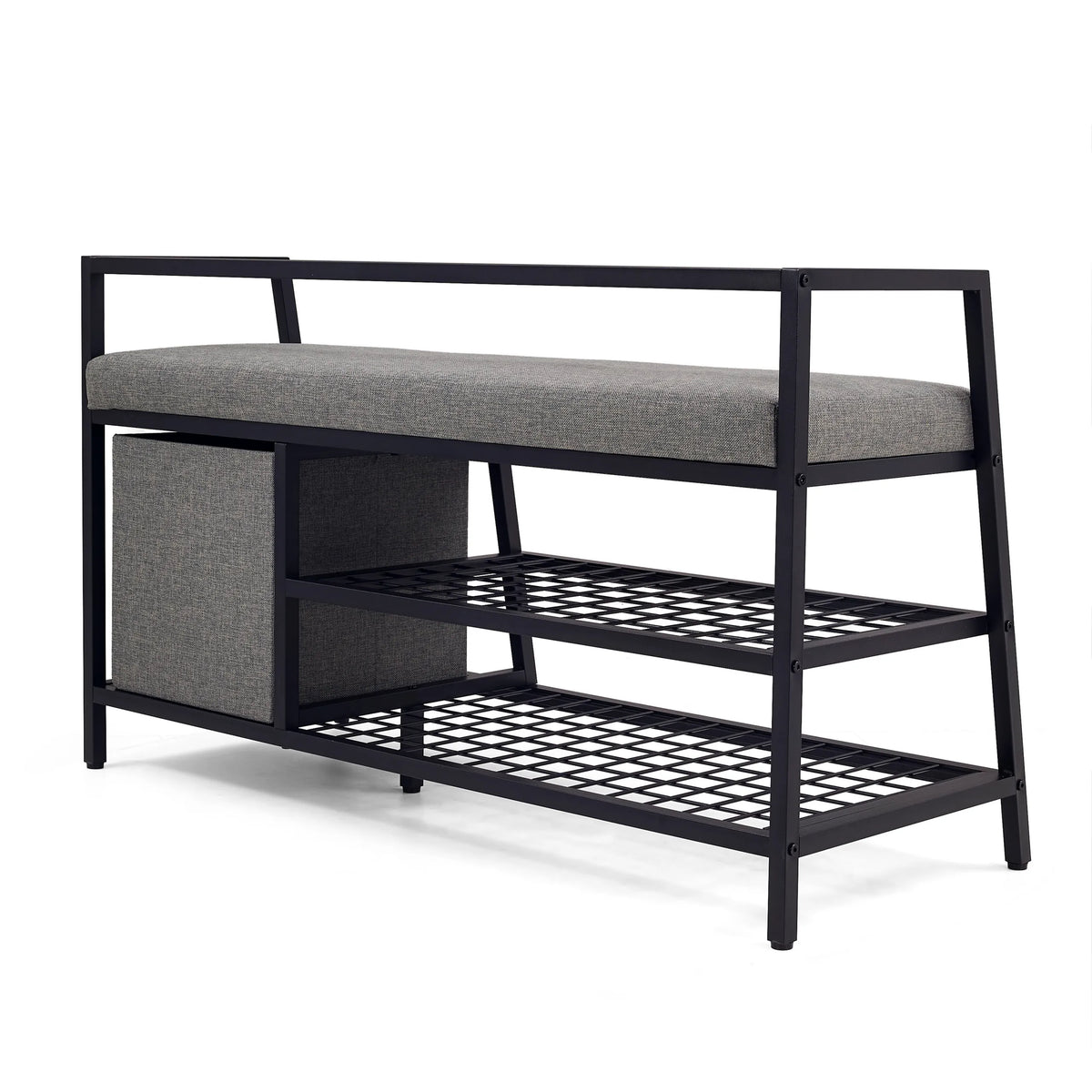 Estha Loft shoe cabinet in black and grey with a grey seating area and two mesh shelves by hjh LIVING