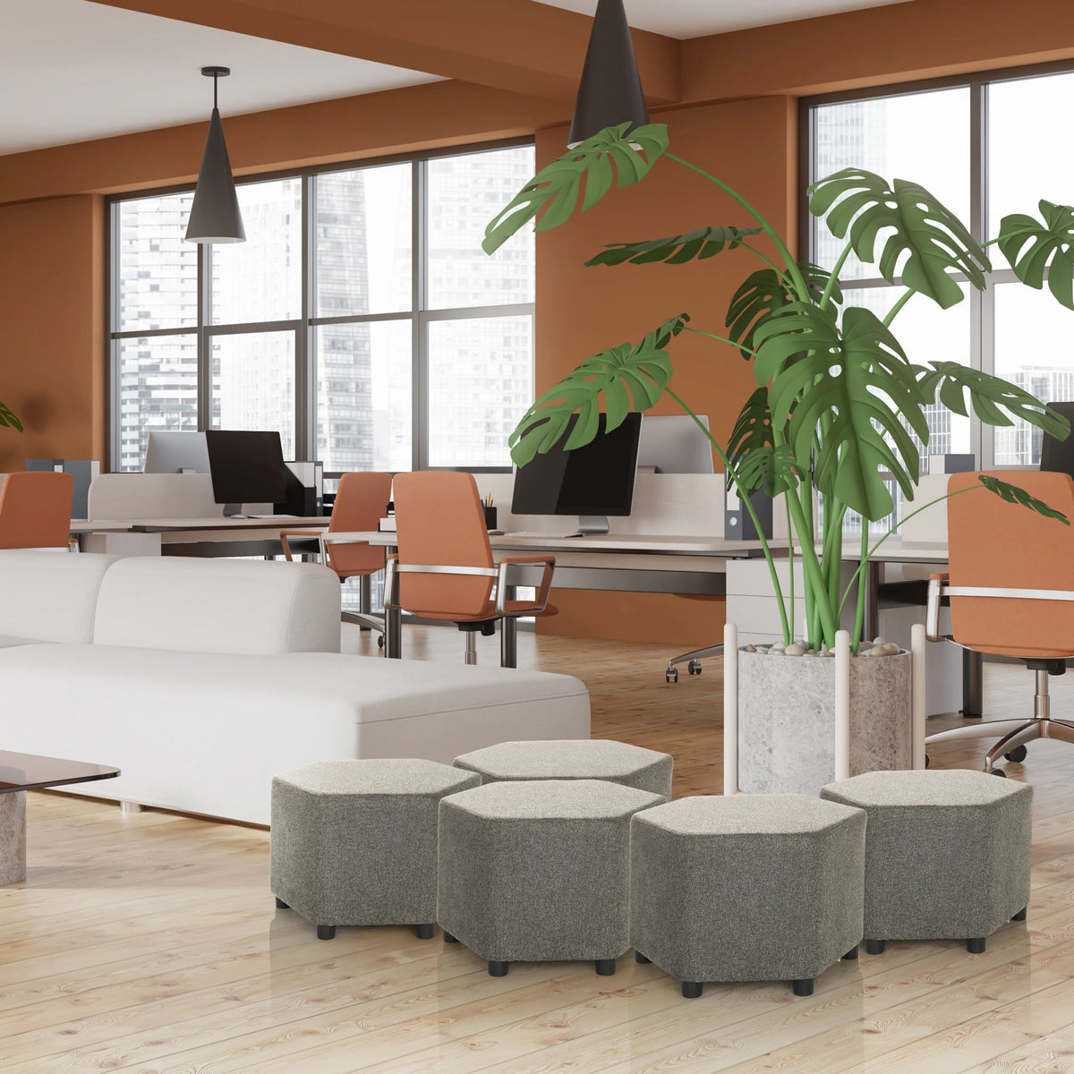 Five grey hexagonal upholstered stools BAREO in a modern office environment by hjh OFFICE