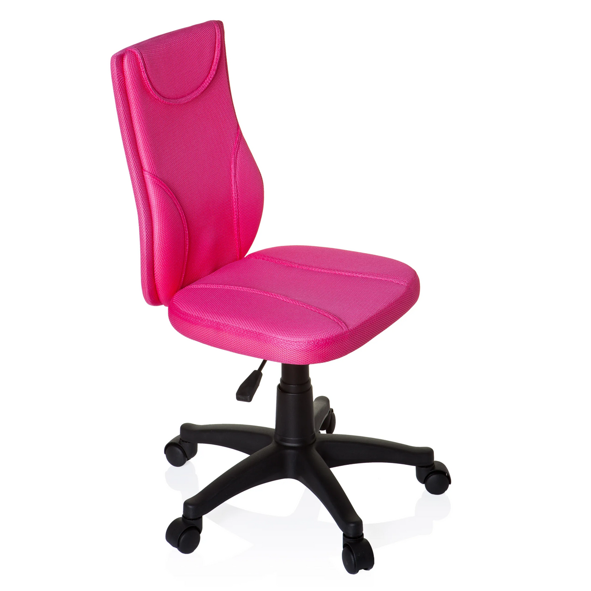Pink Swivel Chair – Children KIDDY BASE with mesh back and black five-caster base by hjh OFFICE – 360-degree view (front three-quarter view 60°)