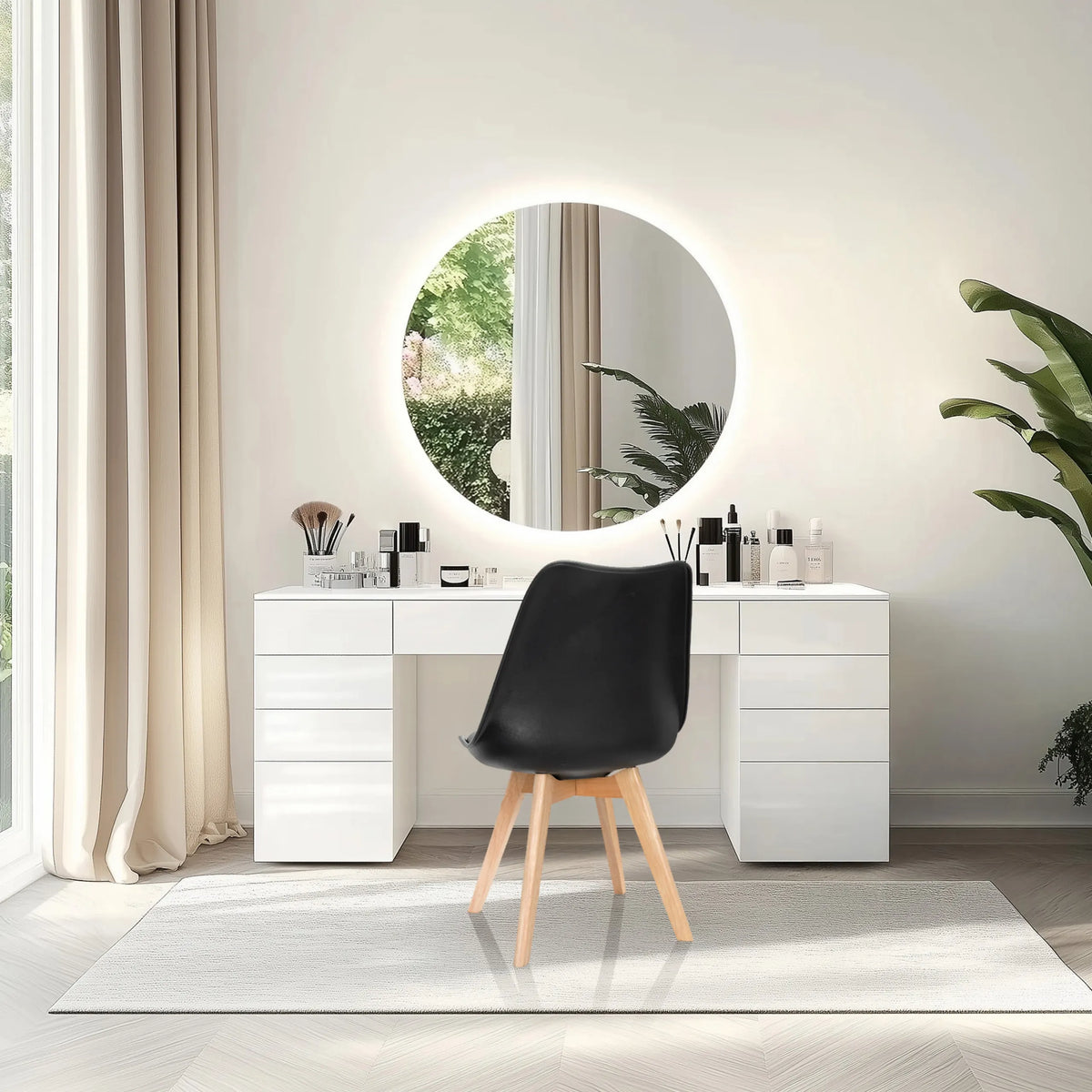 Shell chair SCANDI 4 in black with four light wooden legs in front of a dressing table by hjh OFFICE