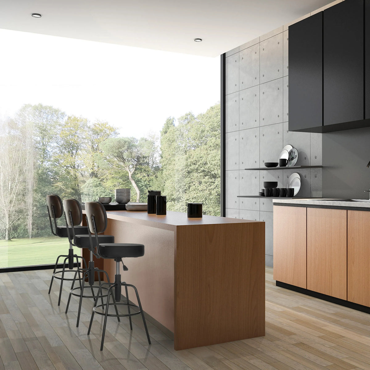Three black DISC HIGH bar stools with metal frames at a kitchen island by hjh OFFICE